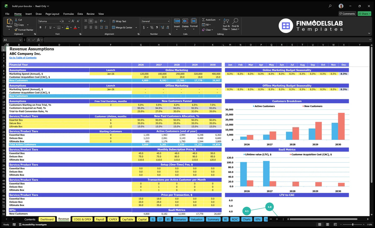 Revenue assumptions worksheet showing marketing expenditure, CAC, test conversion, subscriber levels, prices, active customers and SaaS metrics.