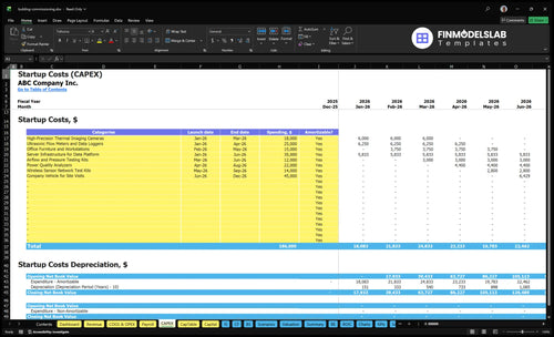 Building Commissioning Service Financial Model capex inputs allowing users to customize capital expenditure items, timing and depreciation assumptions for project setup and equipment. Fully customizable, scenario-ready.