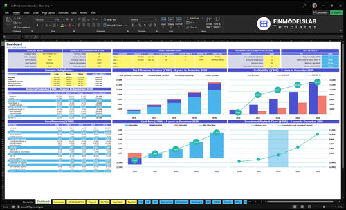 Bulkhead Construction Service Financial Model dashboard summarizing key KPIs, runway, cash position and performance with a dynamic dashboard for investor-ready reporting and cash-flow visibility.