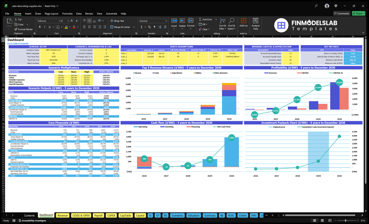 Dashboard with configuration control, scenario results, basic financial data, revenue, profitability, cash flow and repayment charts