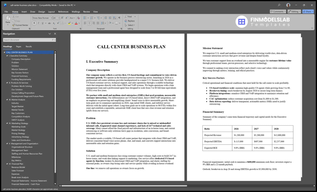 Call Center Capacity Plan Example Call Center Plan Template: 8 Mo Breakeven 22 Mo Payback