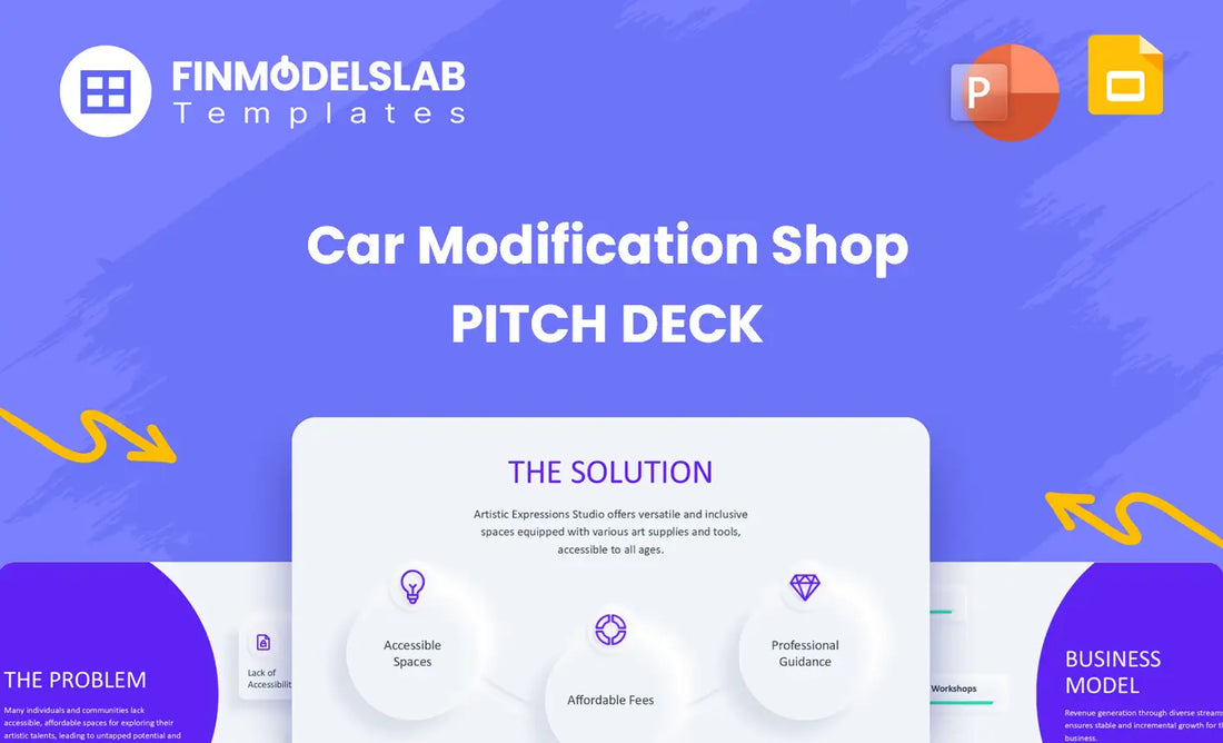 Car Modification Shop Investment Pitch Deck - investor pitch to secure funding and partners, with investor-ready structure, visual storytelling, business model mapping and fundraising ask; solves tight deadlines and unclear investor expectations