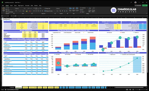 Caretaking Services Financial Model dashboard summarizing key KPIs, runway/cash and performance with a dynamic dashboard for investor-ready reports and visibility into cash-flow blind spots.