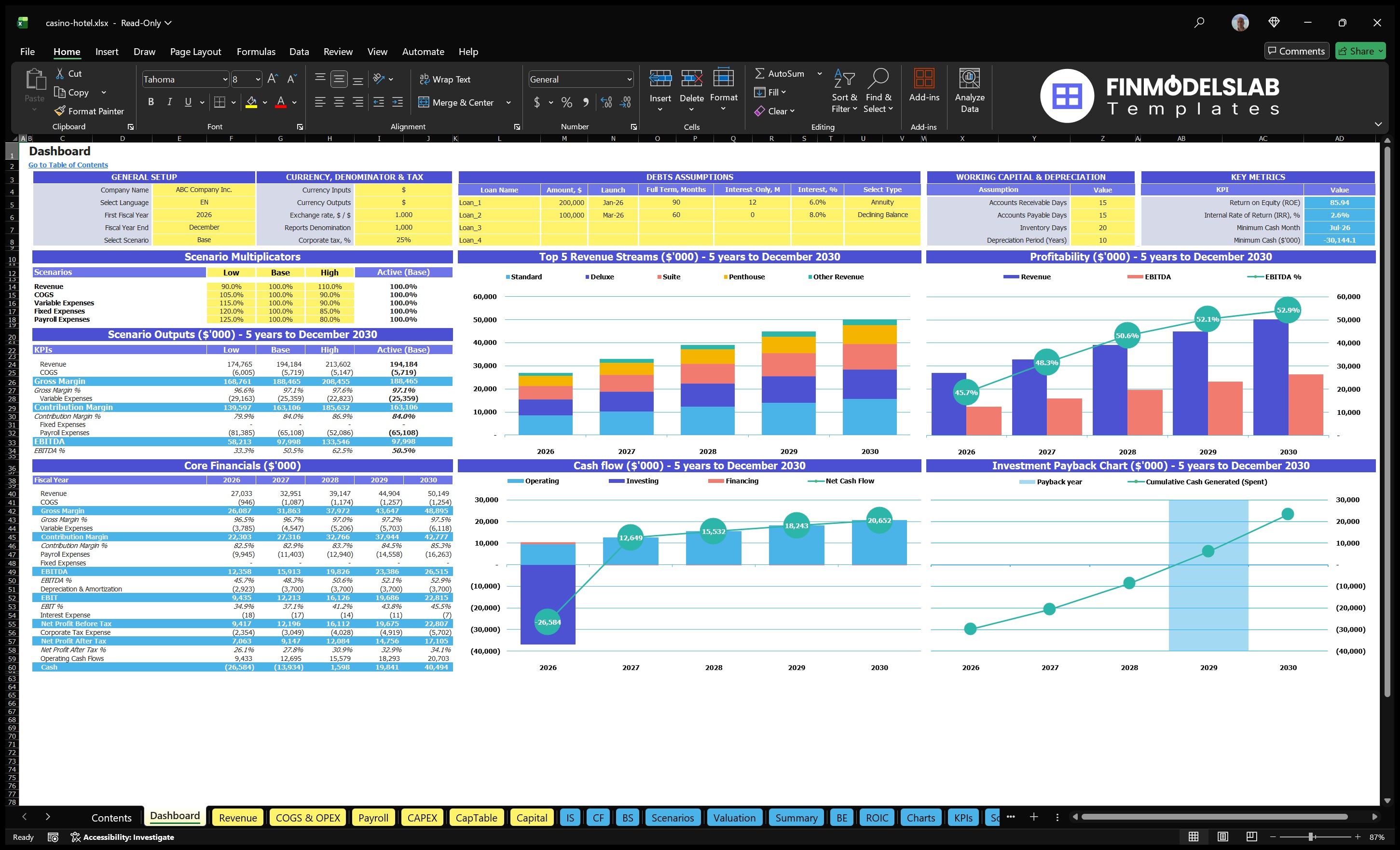Dashboard with general settlement, currency control and debt, scenario results, basic financial data, mix of revenue, cash flow and repayment charts