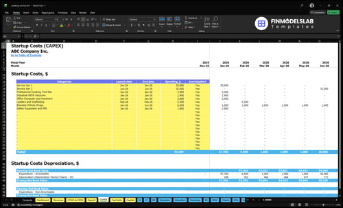 Professional Caulking Service Financial Model capex inputs allowing customization of capital expenditures, asset schedules, and investment timing to plan startup costs and cash needs; fully customizable.