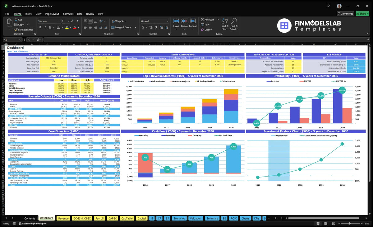 Dashboard for the cellular insulation service financial model showing configuration controls, scenario multipliers, mix of revenue, profitability, cash flow, basic financial data and return chart