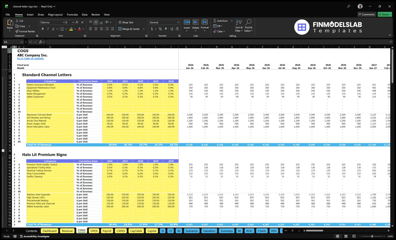 Worksheet COGS Producing Letter Sign showing the product-level cost categories, the revenue percentages, unit costs, annual assumptions and monthly calculations