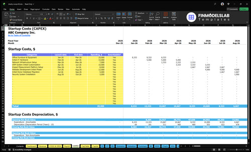 Nonprofit Organization Financial Model capex inputs showing capital expenditure categories and customizable purchase schedules, letting users model asset investments, timing and funding needs for scenario-ready forecasts