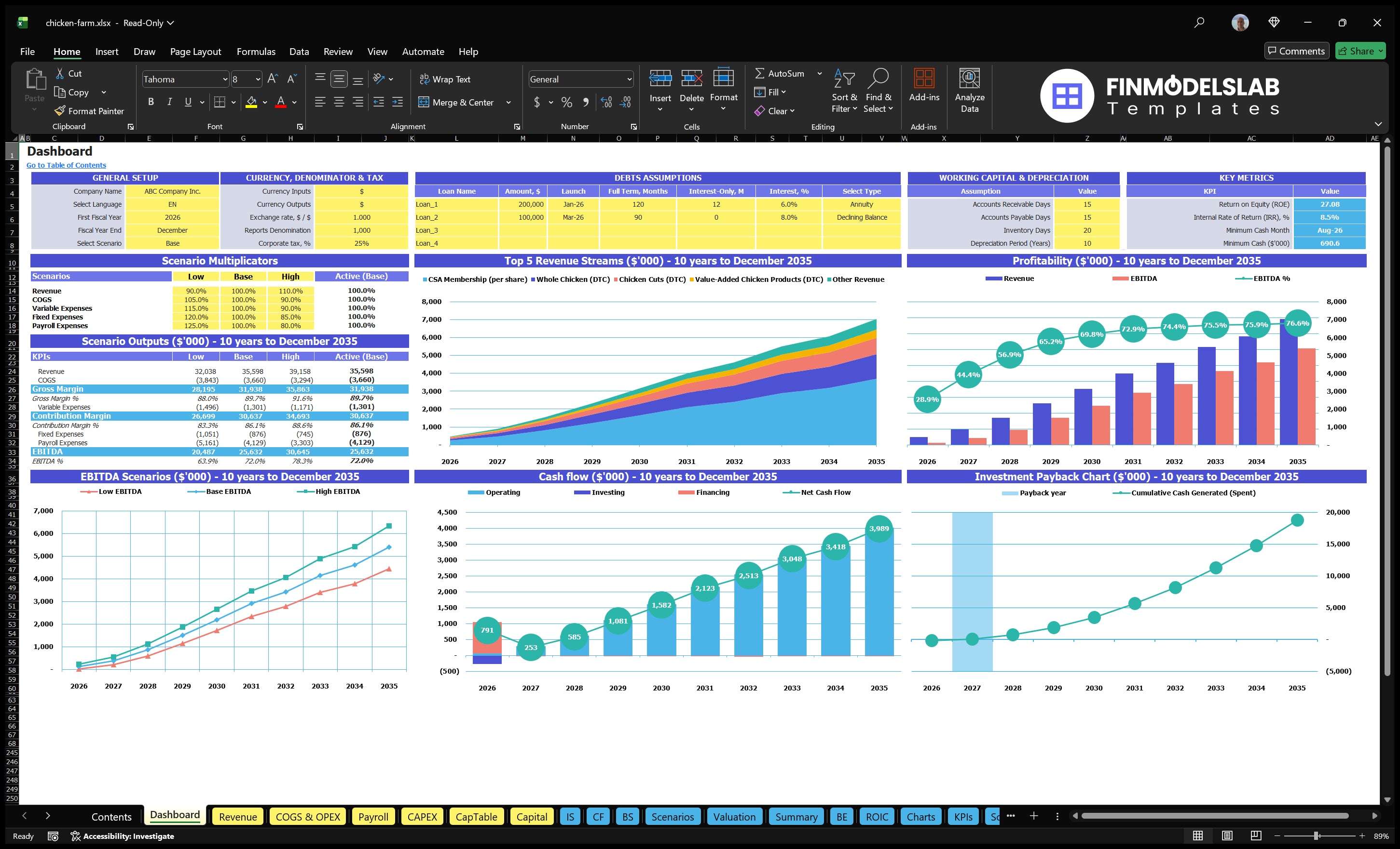 The basic financial model for chicken breeding with multiple scenarios, main results, revenue streams, profitability, cash flow, EBITDA scenarios and return on investment charts.
