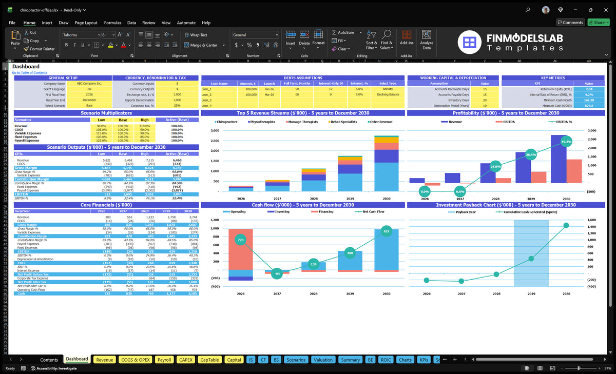 Chiropractic Clinic Dashboard with scenario control, basic financial data, mix of revenue, profitability, cash flow and return on investment charts