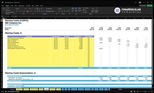 BIM Clash Detection Service Financial Model capex inputs showing capital expenditure categories and customizable purchase, deployment, and replacement assumptions to model startup and growth investments, user-friendly.