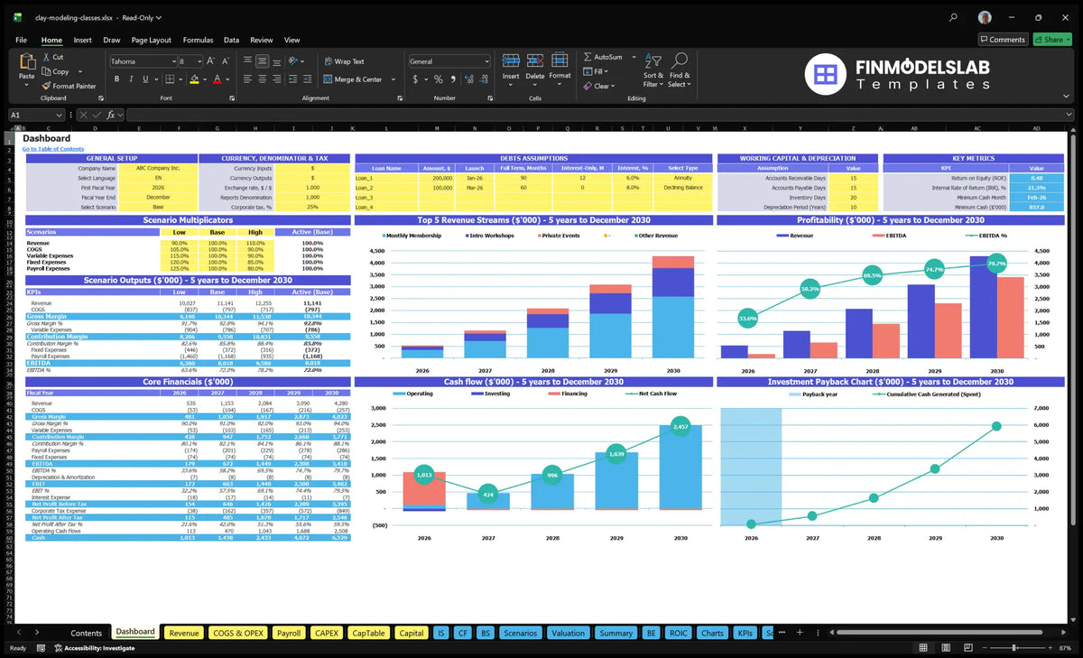 Scoreboard showing configuration checks, scenario results, basic finances, revenue mix, cash flow and return charts
