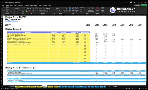 Cleaning Company Financial Model capex inputs showing capital expenditure items and assumptions, letting users customize equipment, vehicle, and setup costs for projections and scenario-ready funding plans