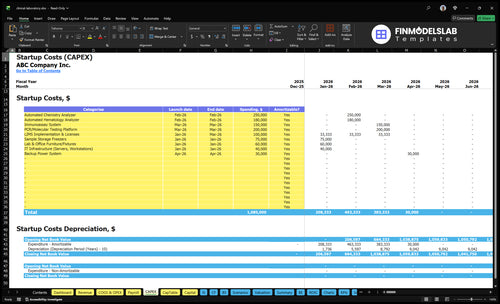 Clinical Laboratory Financial Model capex inputs showing equipment, facility and setup cost drivers and customizable timing; lets users model startup investments, depreciation schedules and funding needs.