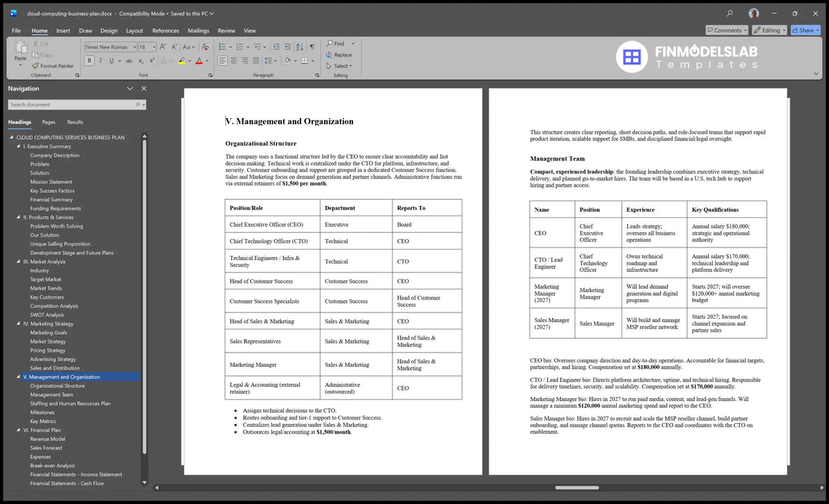Cloud Computing Services Plan Template - 26 Mo Breakeven 46 Mo Payback