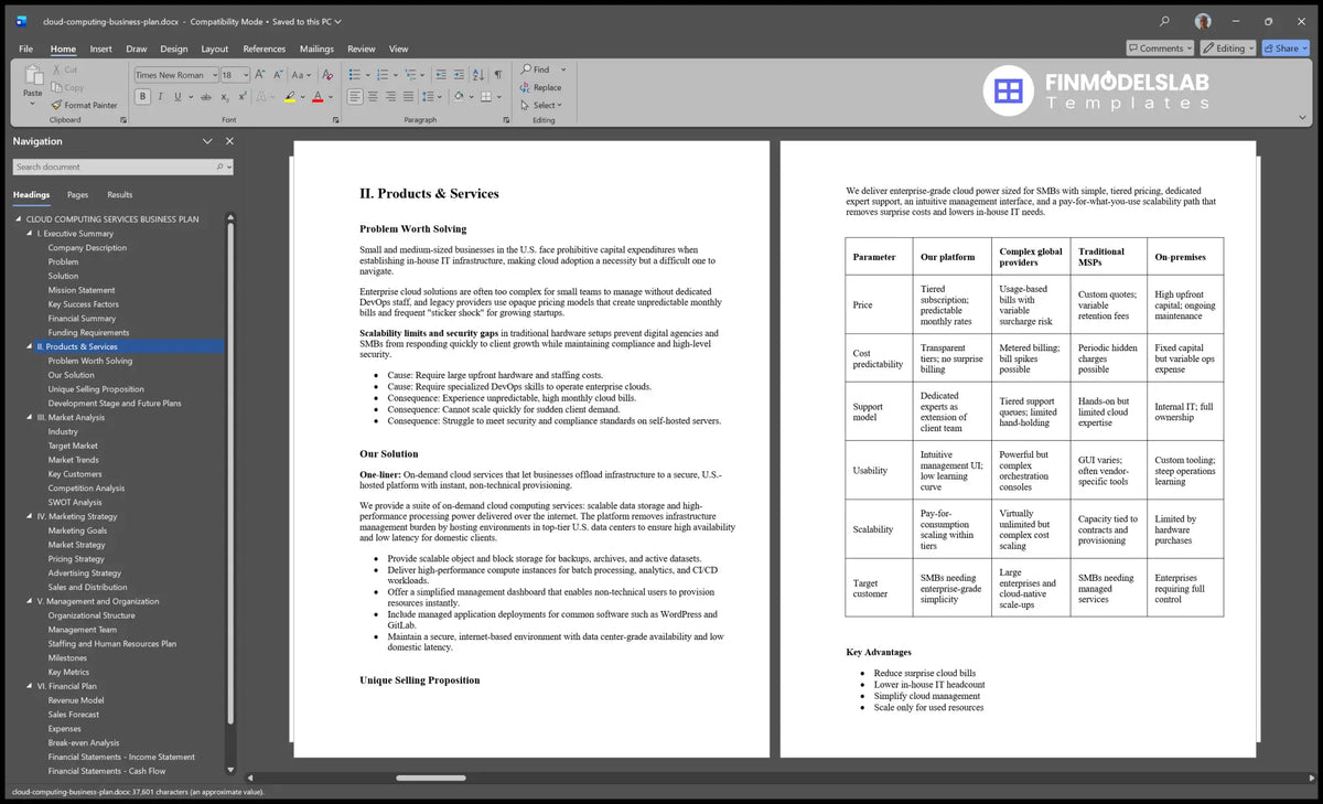 Cloud Computing Services Plan Template - 26 Mo Breakeven 46 Mo Payback