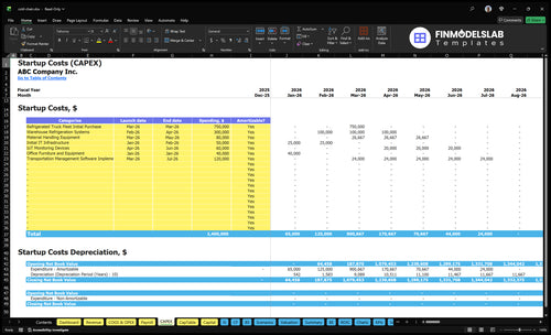 Cold Chain Logistics Financial Model capex inputs showing capital expenditure categories and timelines, letting users customize asset purchases, maintenance and replacement schedules for scenario-ready forecasting and funding planning