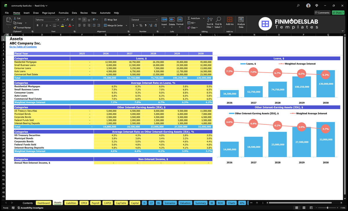 Community financial model Assets sheet with credit balance sheets, income from assets, other interest-bearing assets and contributions of non-interest-bearing income