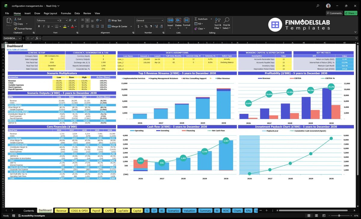 Configuration management services Financial model of the navigation desk with scenario control, revenue mix, profitability, cash flow, basic finances and return charts