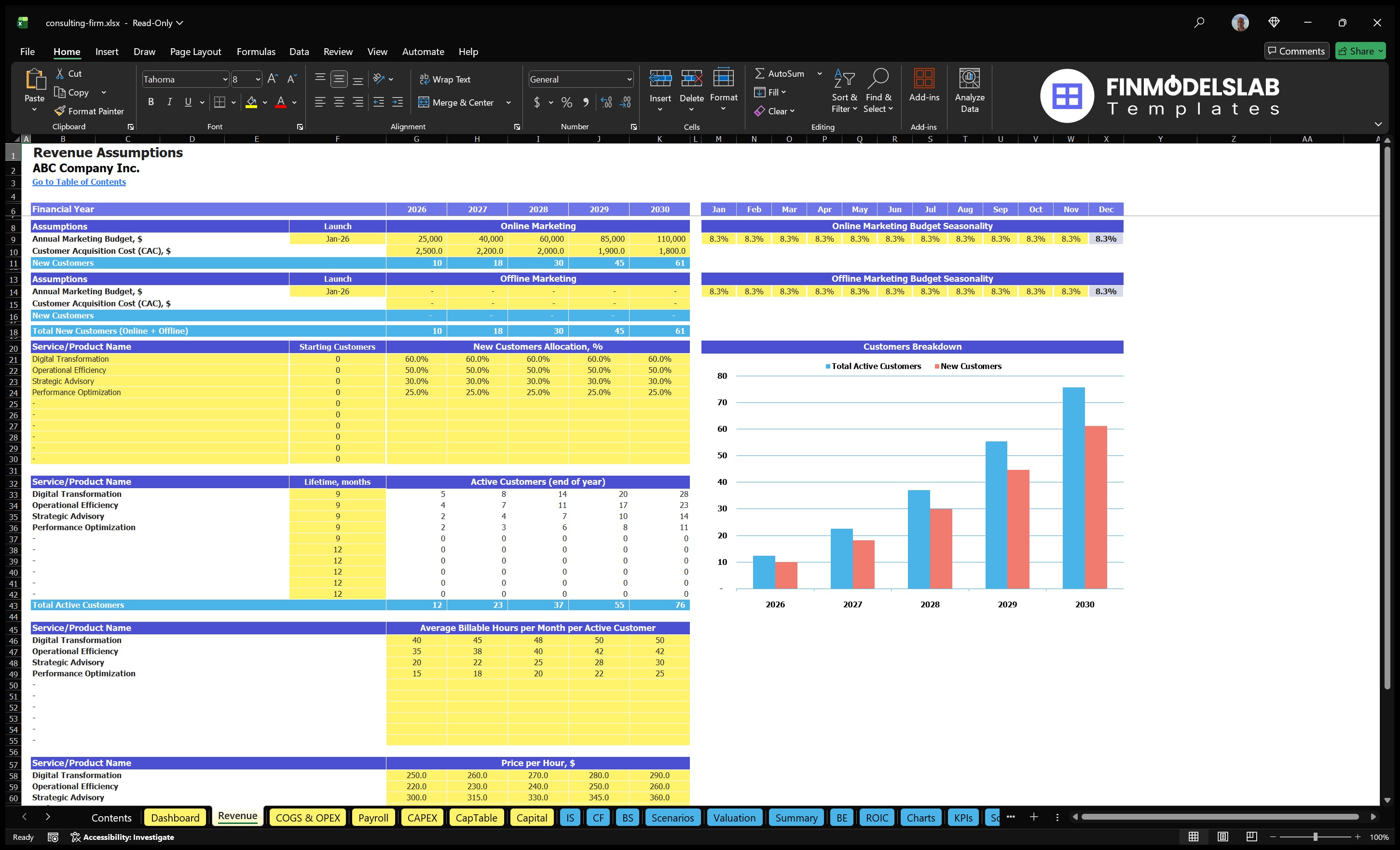 Conventional company Model revenue with marketing assumptions, customer groups, billing hours, hourly rates and customer billing chart