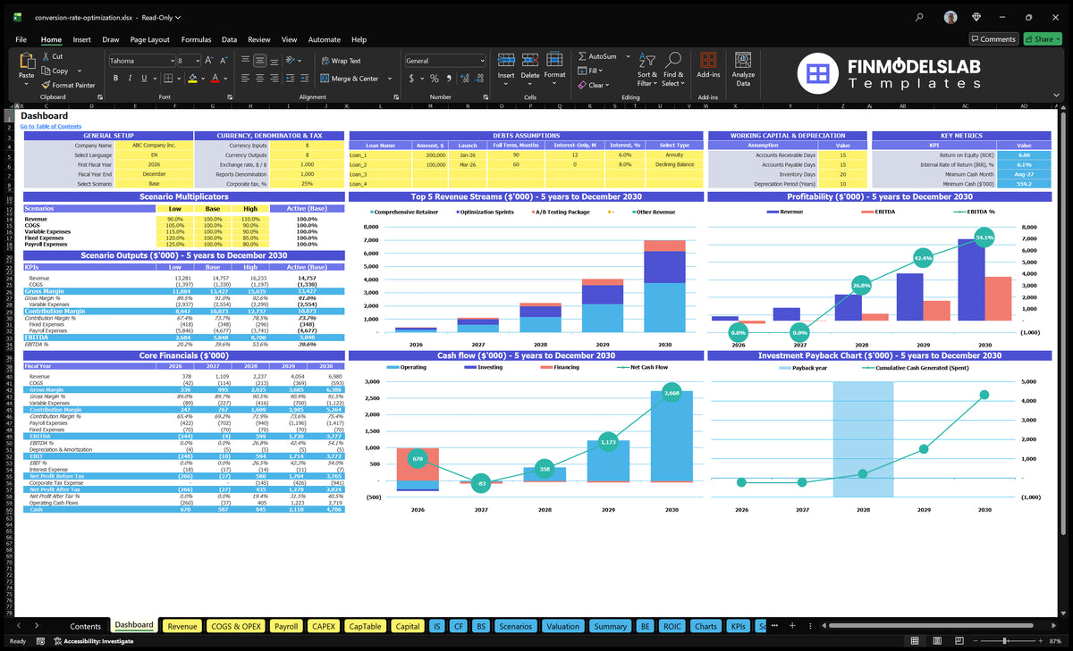 Dashboard showing model setting, scenario multipliers, mix of revenue, profitability, cash flow, basic financial data and return chart