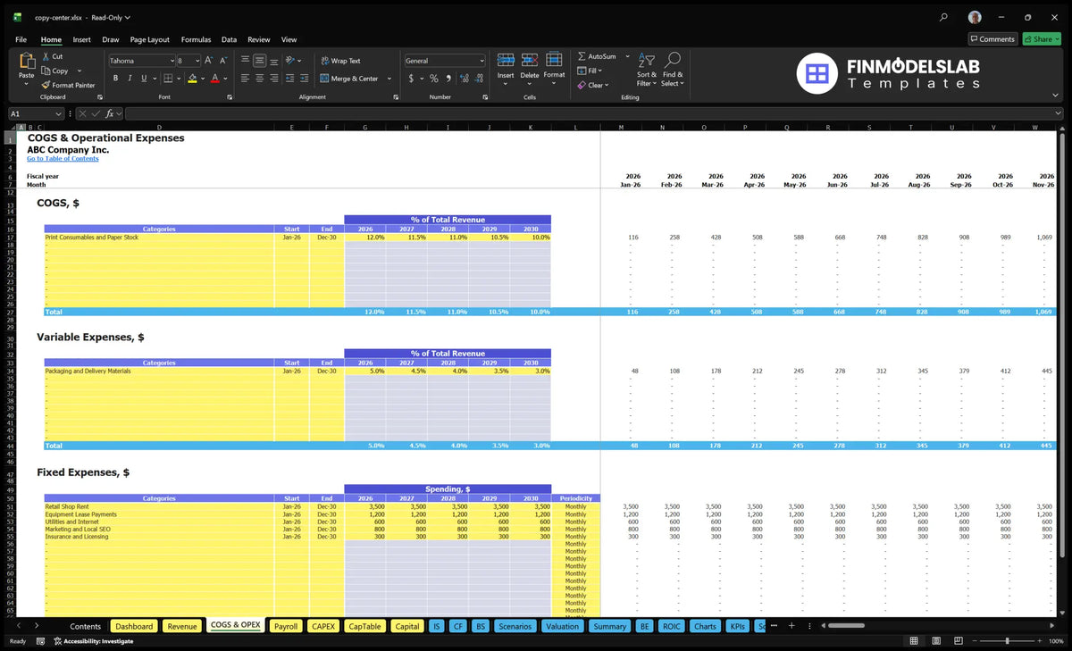 COGS Copy and Printing Center and OPEX Work Sheet showing direct costs, variable costs and fixed operating costs