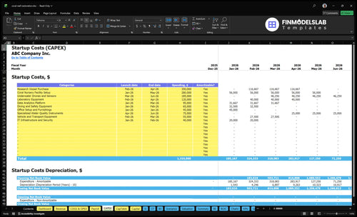 Coral Reef Restoration Service Financial Model capex inputs detailing capital expenditures, asset lifecycles and timing, letting users customize equipment, installation and infrastructure costs for scenario-ready forecasts.