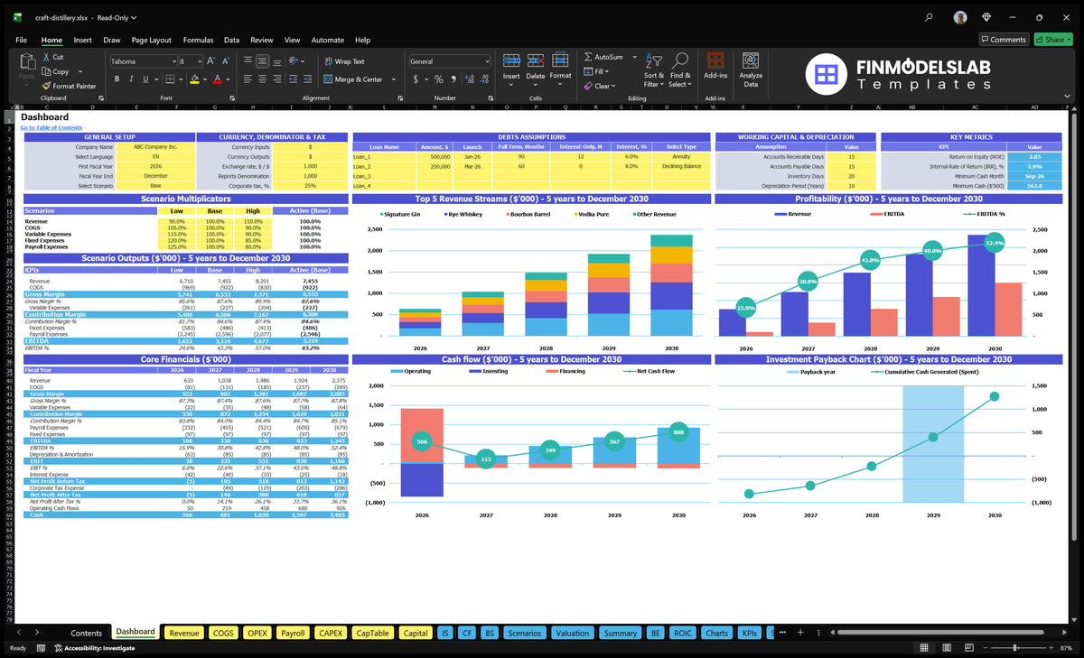 Dashboard of model compilation, scenario multipliers, basic finances, mix of revenue, profitability, cash flow and return charts