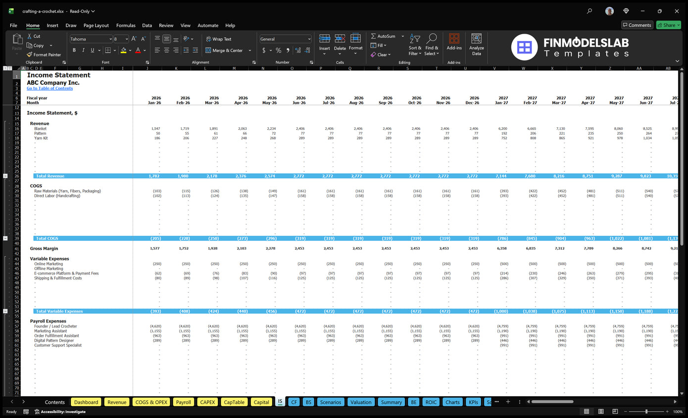 Crafting A Crochet Financial Model Income Statement Financial Models Lab