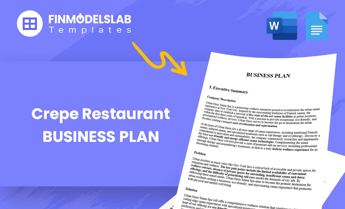 Crepe Restaurant Business Plan - a template built for startup owners and small restaurateurs to secure funding and launch operations; includes pre-written content, customizable Word files, high-level financial forecasts; saves time and meets investor/lender standards.