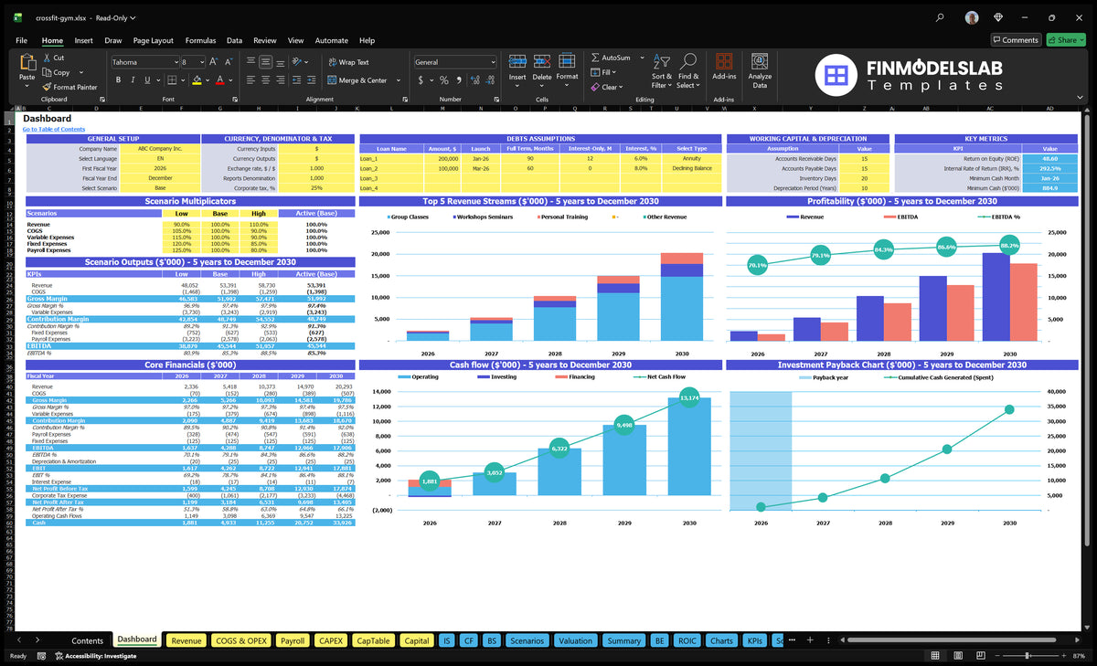 CrossFit Gym Financial Model Dashboard with configuration control, scenario results, revenue mix, profitability, cash flow, basic finance and return on investment charts