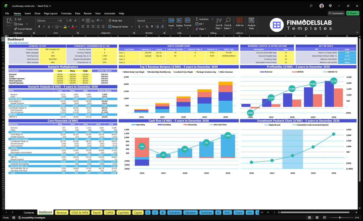 Cryotherapy Dashboard Center with control scenarios, key finances, revenue combinations, profitability, cash flow and returns charts
