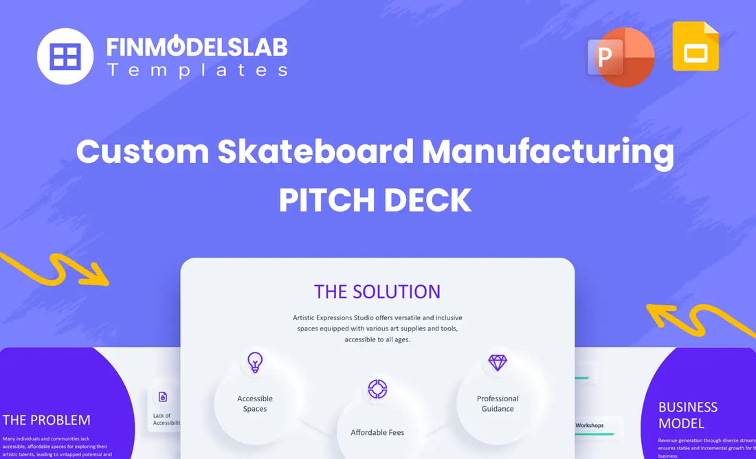 Custom Skateboard Manufacturing Investment Pitch Deck - investor pitch built to secure funding and partnerships, offering investor-ready structure, concise 8-slide format, visual storytelling and financial snapshot; addresses tight deadlines and unclear investor expectations.