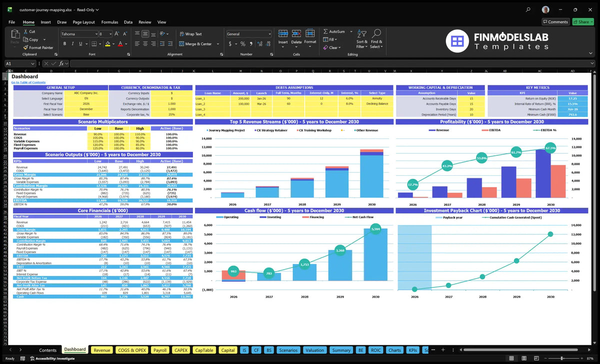 Customer Journey Mapping Services dashboard showing model settings, scenario control, KPIs, revenue mix, profitability, cash flow and return on investment
