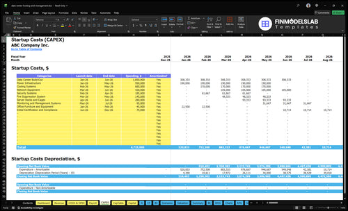 Data Center Hosting Financial Model capex inputs tab showing customizable capital expenditure items and schedules, letting users model build-out costs, equipment spend, and depreciation for scenario-ready forecasts.