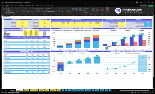 Data Center Hosting Financial Model dashboard summarizing key KPIs, runway, cash position and performance with a dynamic dashboard for investor-ready reporting and to fix cash-flow blind spots