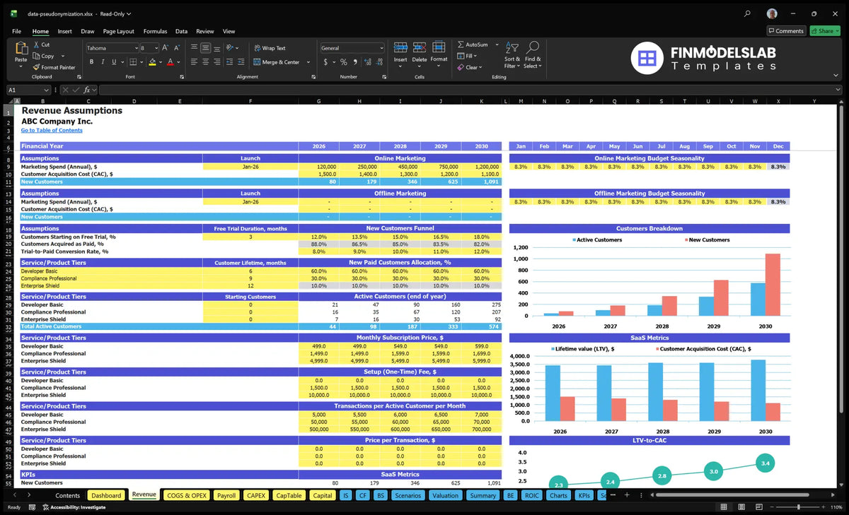 Revenues Established marketing cost sheet, CAC, trial conversion, subscriber levels, prices, configuration fees, transaction fees and charts SaaS