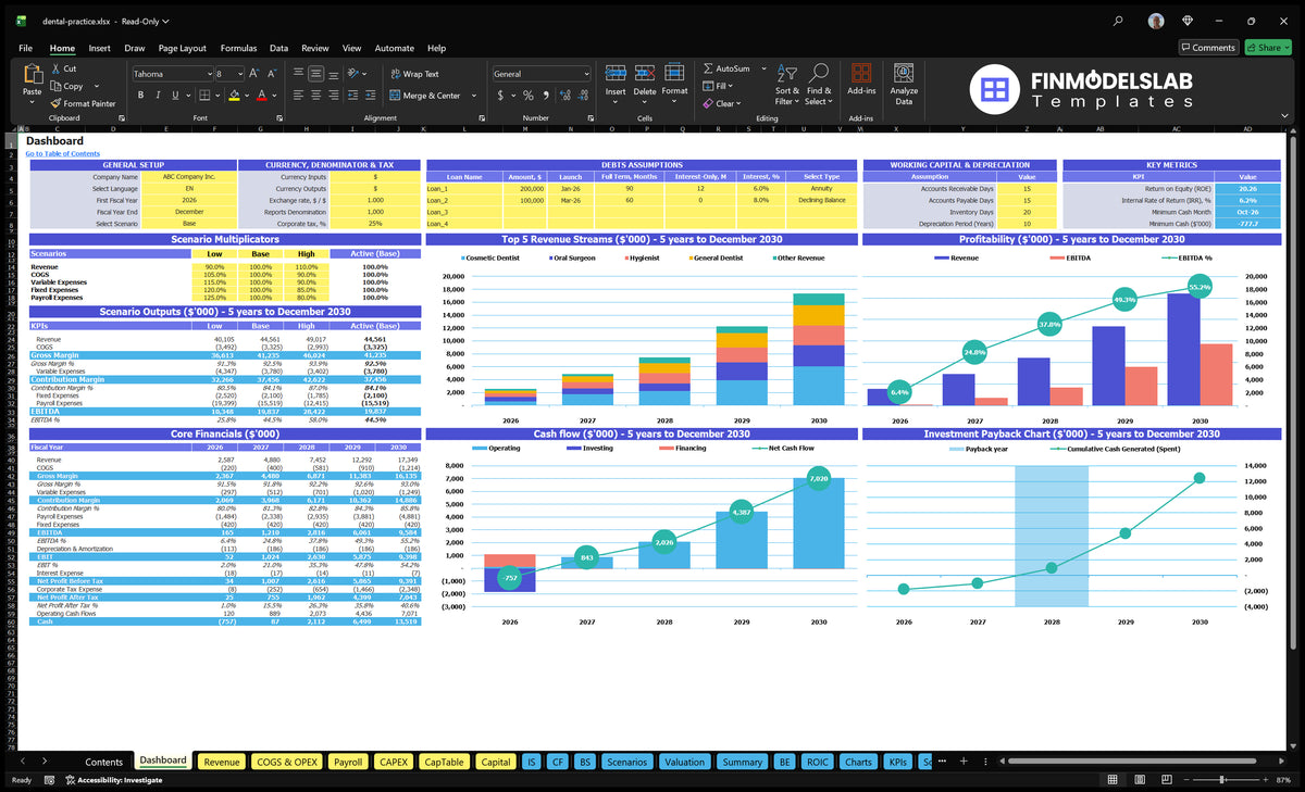 Dental clinic Dashboard showing configuration controls, scenario multipliers, revenue mix, basic financial data, profitability, cash flow, key indicators and return charts