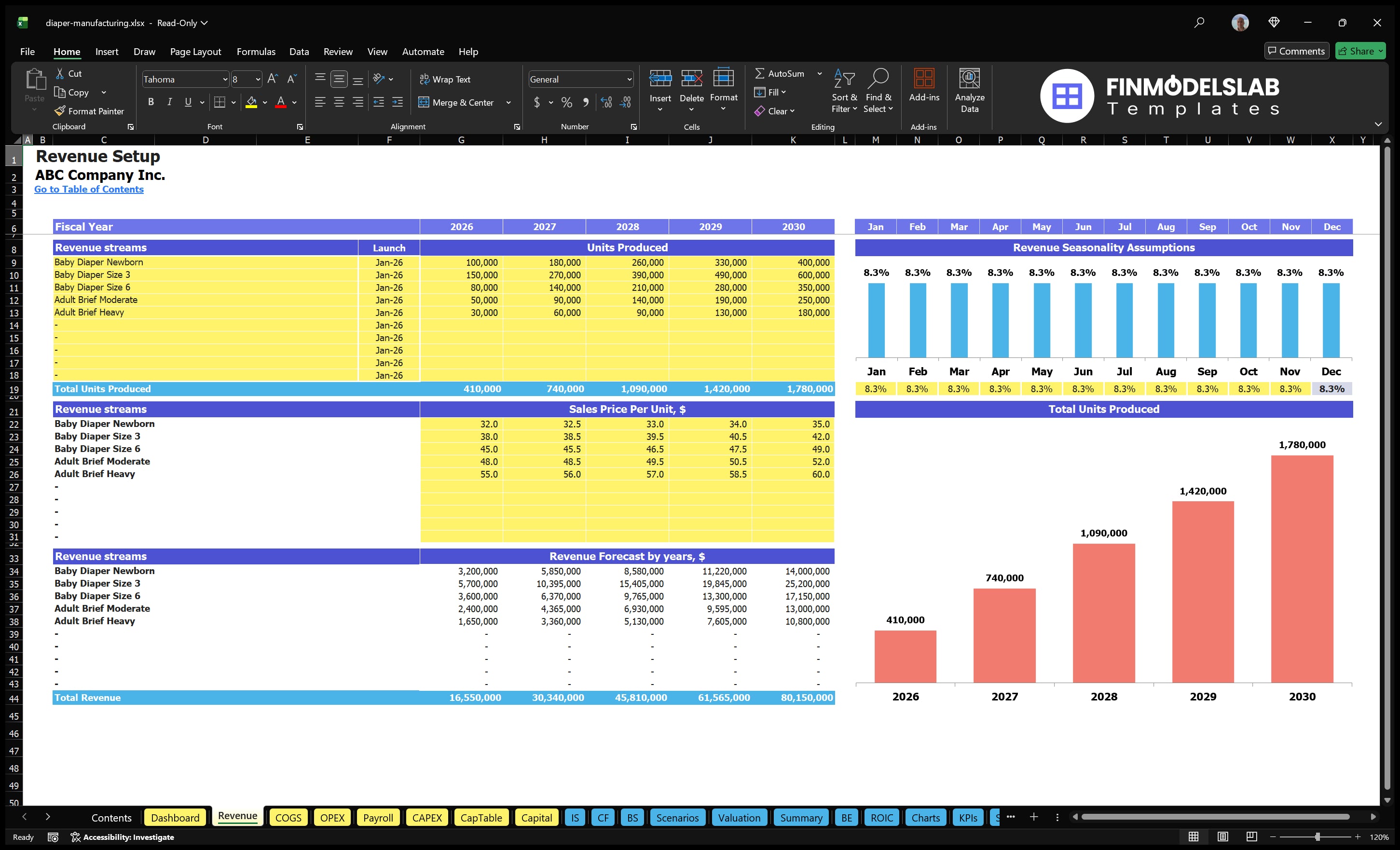 Income sheet showing diaper product lines, start dates, annual units produced, sales prices, monthly seasonality and revenue forecasts
