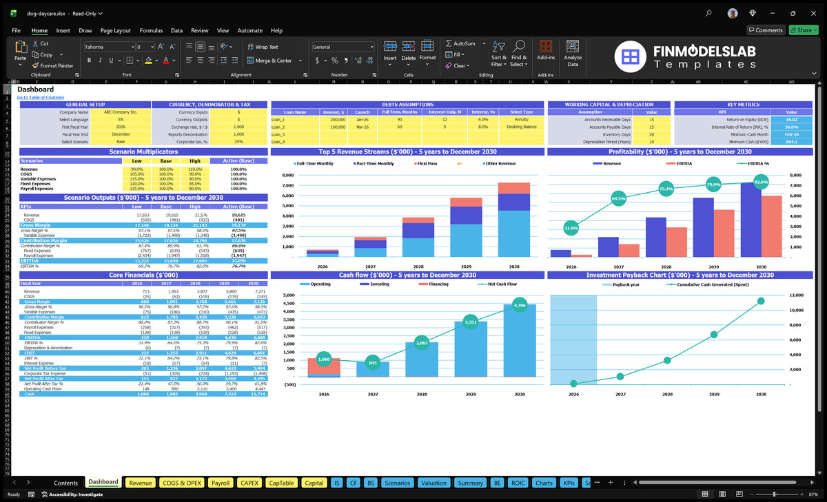 Dog Daycare Financial Model Dashboard with configuration control, scenario output, revenue mix, profitability, cash flow, basic finance and return on investment charts