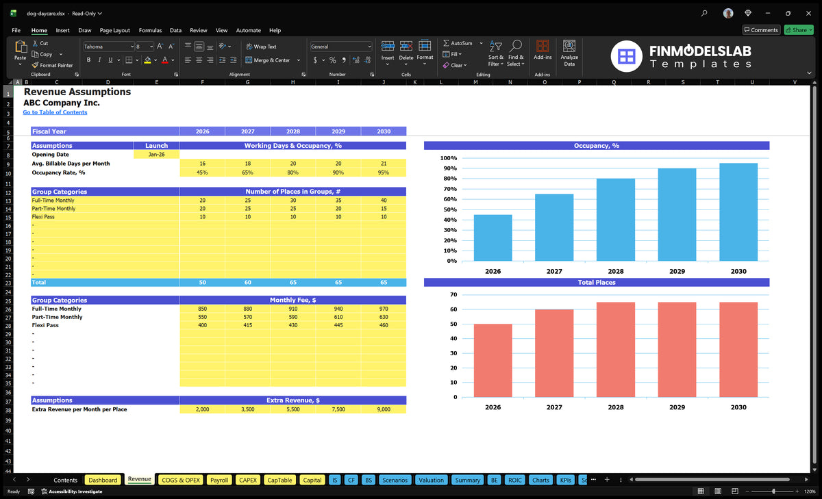 Dog Daycare Financial Model Start date account, place of storage by group, betting, monthly fees, additional revenue and betting charts