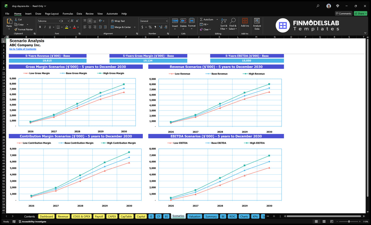 Financial model work account for dogs comparing low, base and high income, gross margin, premium premium margin and EBITDA over five years