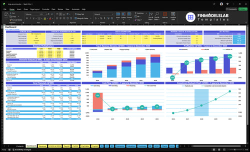 Dog Grooming Financial Model dashboard summarizing key KPIs, runway/cash and performance with a dynamic dashboard for investor-ready presentations and to uncover cash-flow blind spots.
