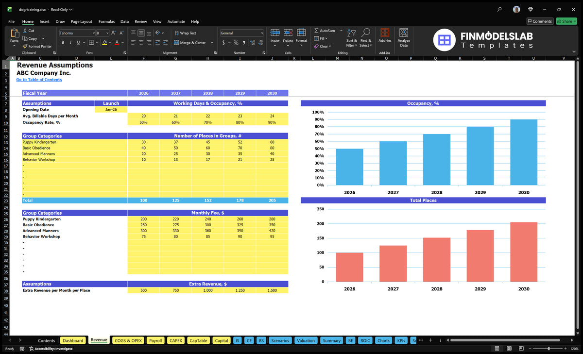 Training dogs Financial model Revenue Establishments of a sheet with a date of opening, covering, places of the training group, monthly fees and additional revenue contributions