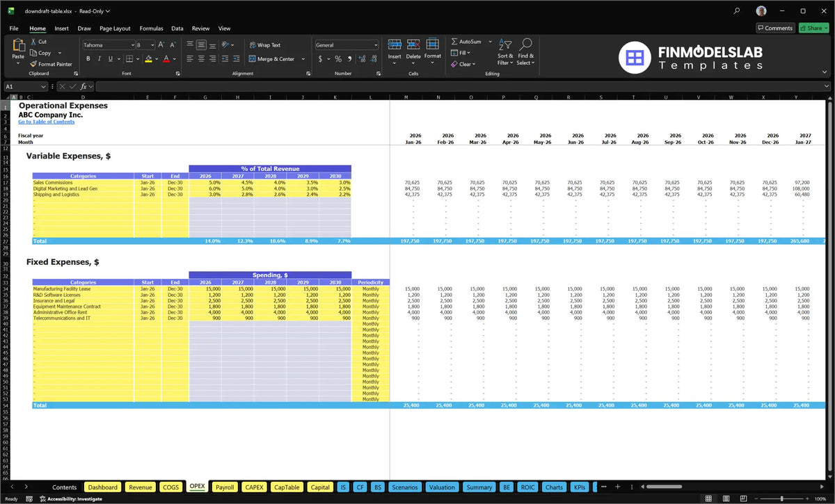 Worksheet OPEX for the financial production model table Downdraft showing the variable costs, fixed costs, time, periodicity and monthly calculations of forecast