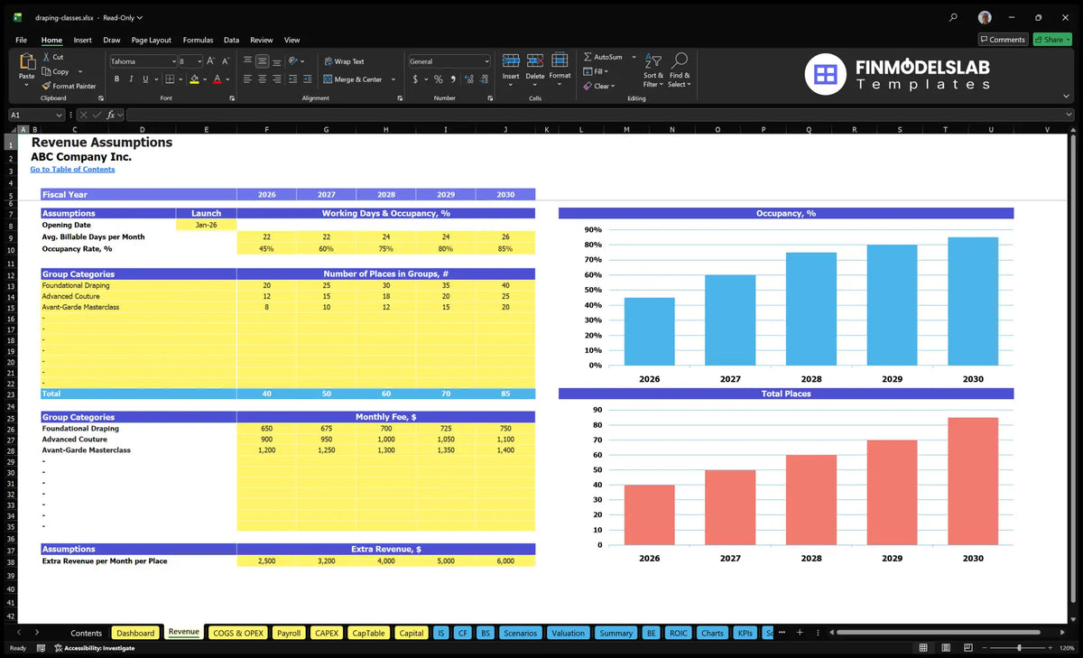 The spreadsheet provides for the date of opening, occupation, classes, places available, monthly fees and additional revenue on site.