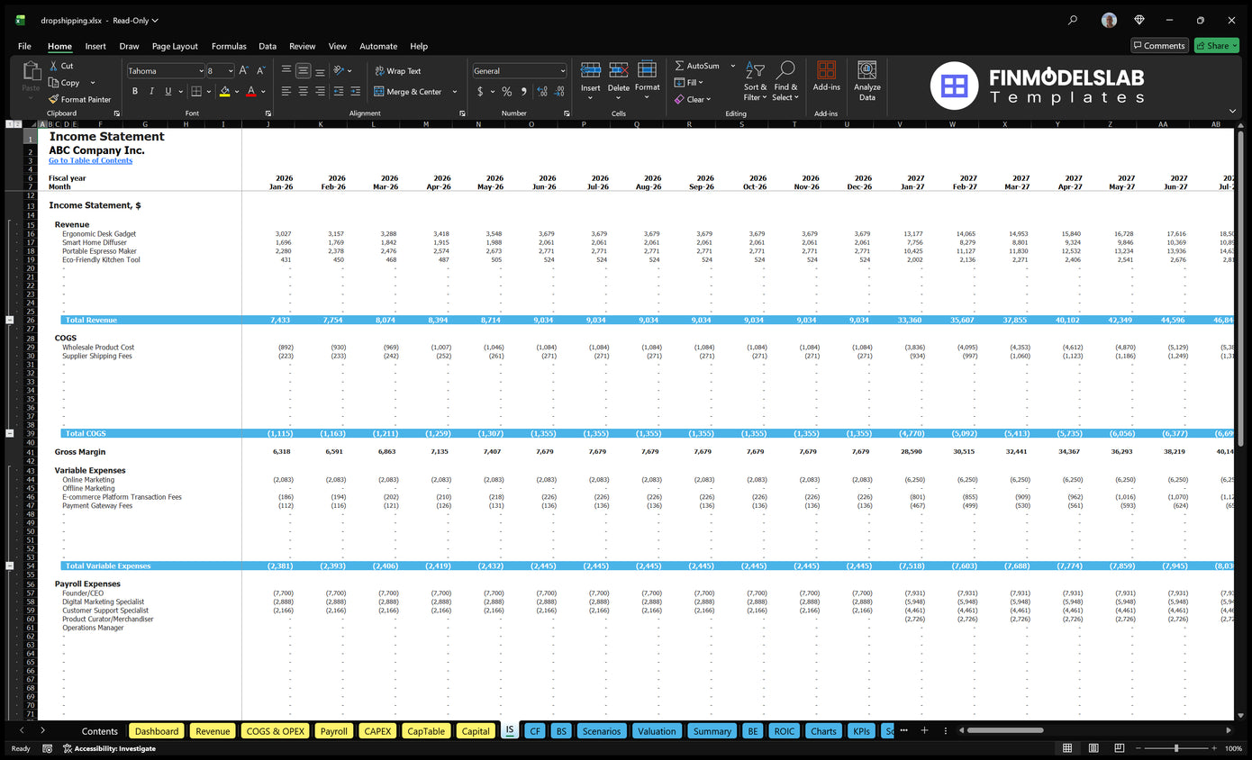 Dropshipping Financial Model Income Statement Financial Models Lab