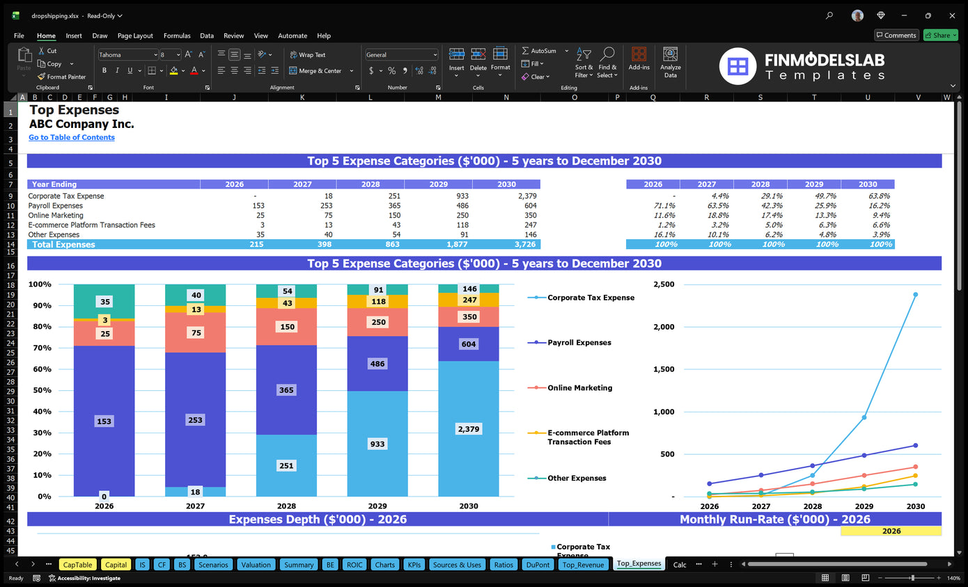 Dropshipping Financial Model Top Expenses Financial Models Lab