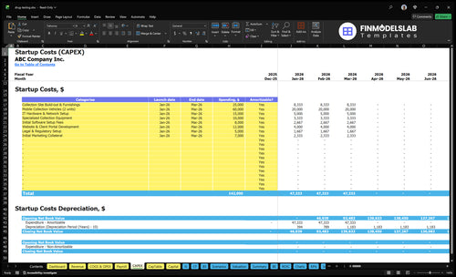 Drug Testing Service Financial Model capex inputs showing capital expenditure categories and timelines, letting users customize equipment, facility and startup investments for scenario-ready projections and budgeting