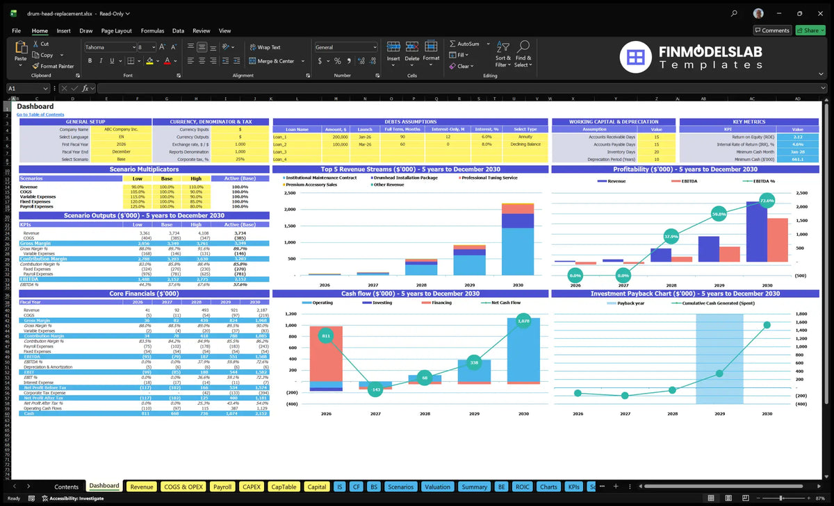 Dashboard is a drumhead switching service showing model settings, scenario multipliers, key metrics, mix of revenue, profitability, cash flow and return on investment.